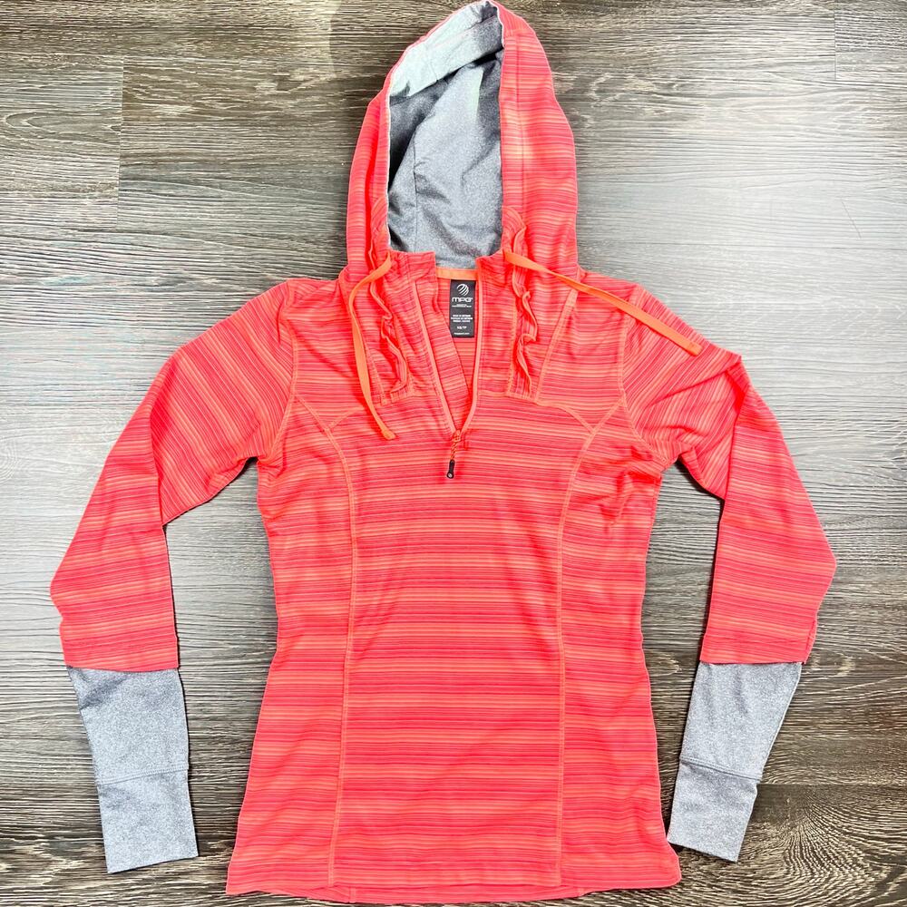 Mondetta Womens Quarter Zip Hoodie XS Striped Ruffle Orange Gray Fitness Stretch